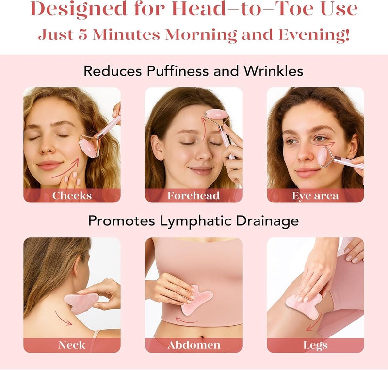 BAIMEI Rose Quartz Jade Roller & Gua Sha Set - Image 5
